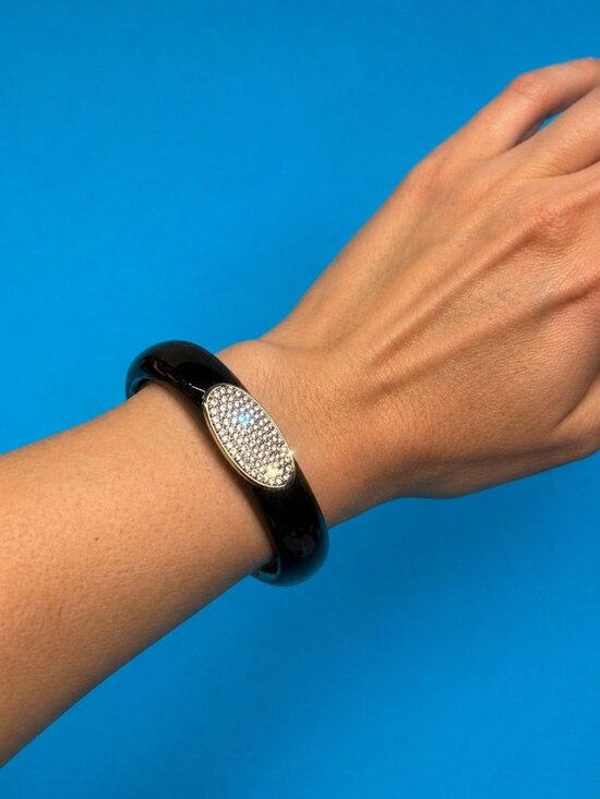 unbranded Jewelry - Black Enamel Pave Sparkling Crystals Hinged Bangle Bracelet 7" Luxury Statement